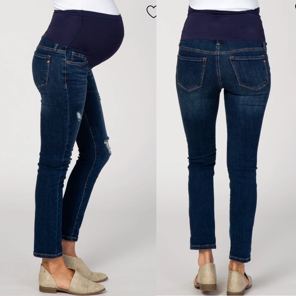 PinkBlush Dark Wash Distressed Maternity Full Panel Skinny Jeans - Picture 2 of 10